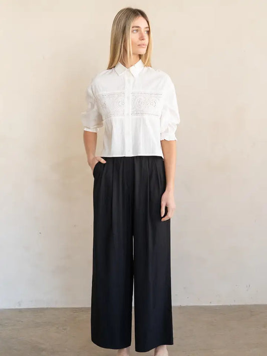 Eyelet Lace Panel Button Up Blouse - White