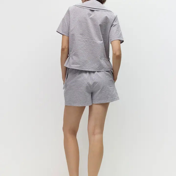 Plaid Elastic Waist Shorts - Blue & Ivory