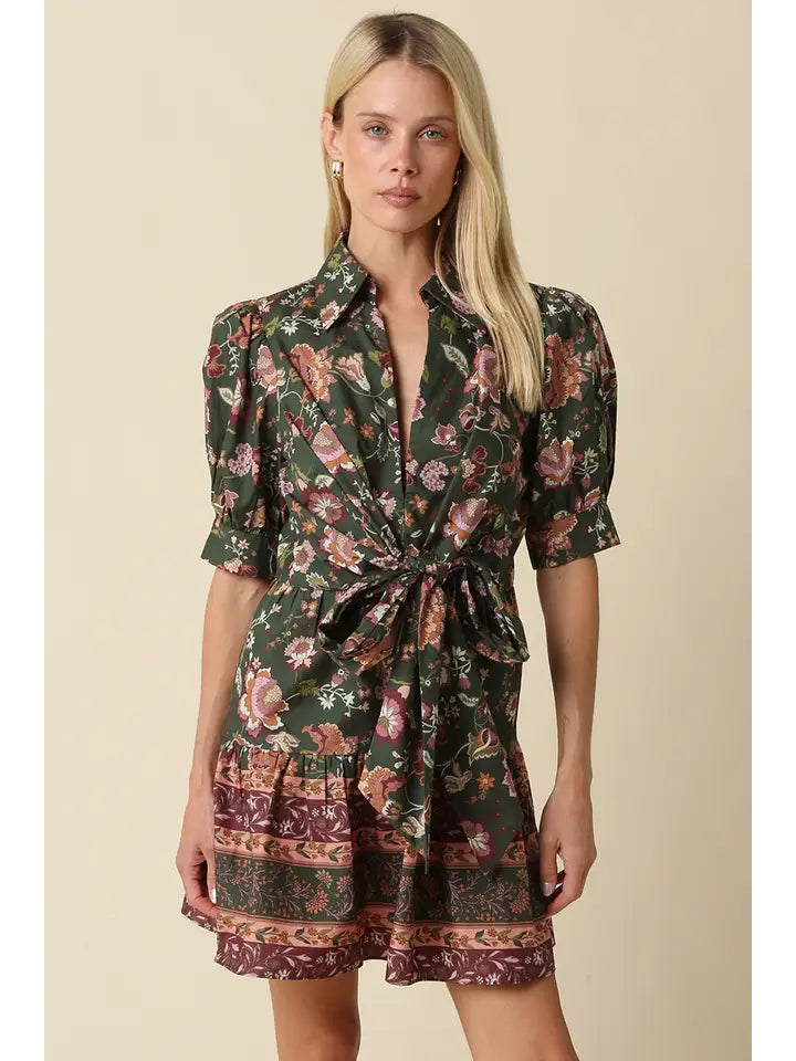 Floral Wrap Mini Dress - Green Mauve