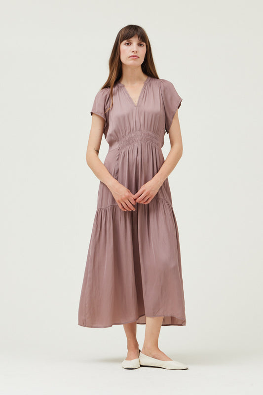 Grade + Gather - Ruffle Satin Midi Dress - Dusty Lilac