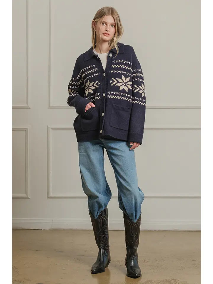 Nordic Snowflake Knit Cardigan - Navy