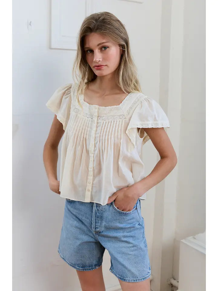 Lace Trim Pintuck Blouse - Ivory