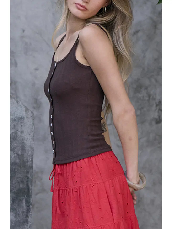 Pointelle Ribbed Button Front Knit Cami - Brown