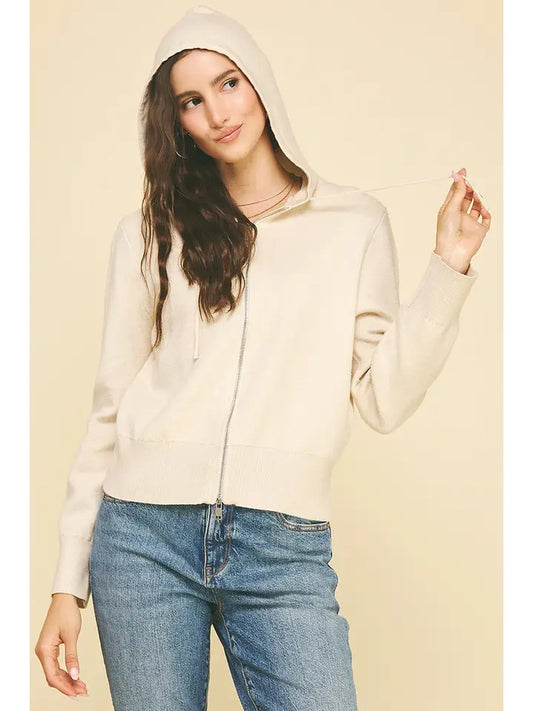 Zip-Up Hoodie Cardigan Sweater - Ivory