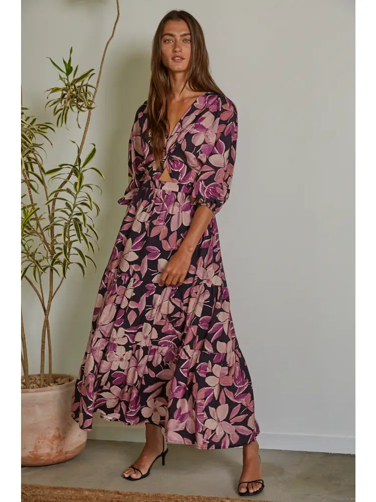 Woven Floral Tiered Midi Dress - Violet