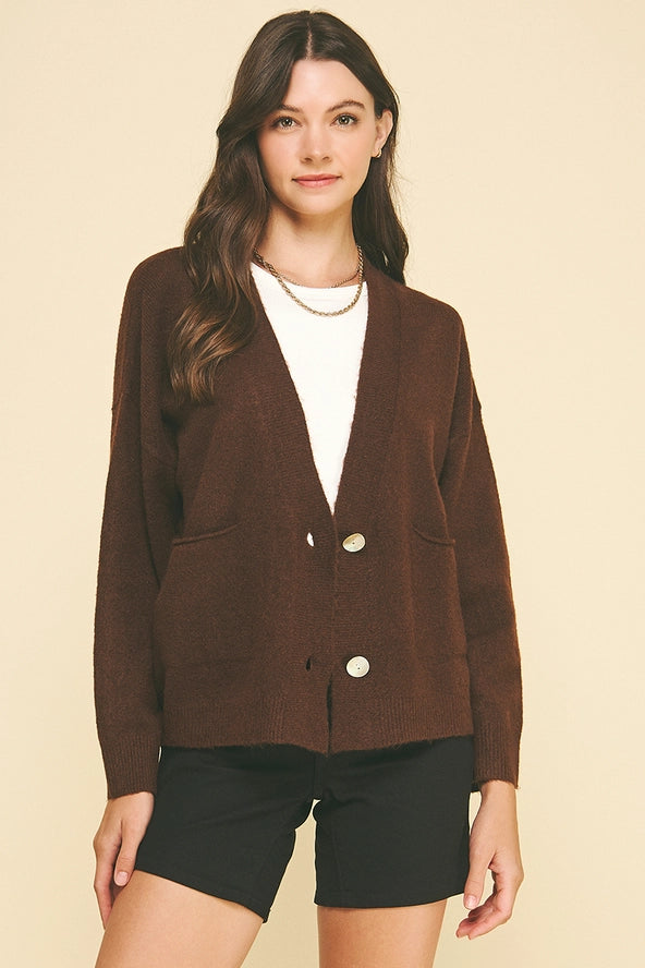V-Neck Cardigan with Pockets - Chocolate