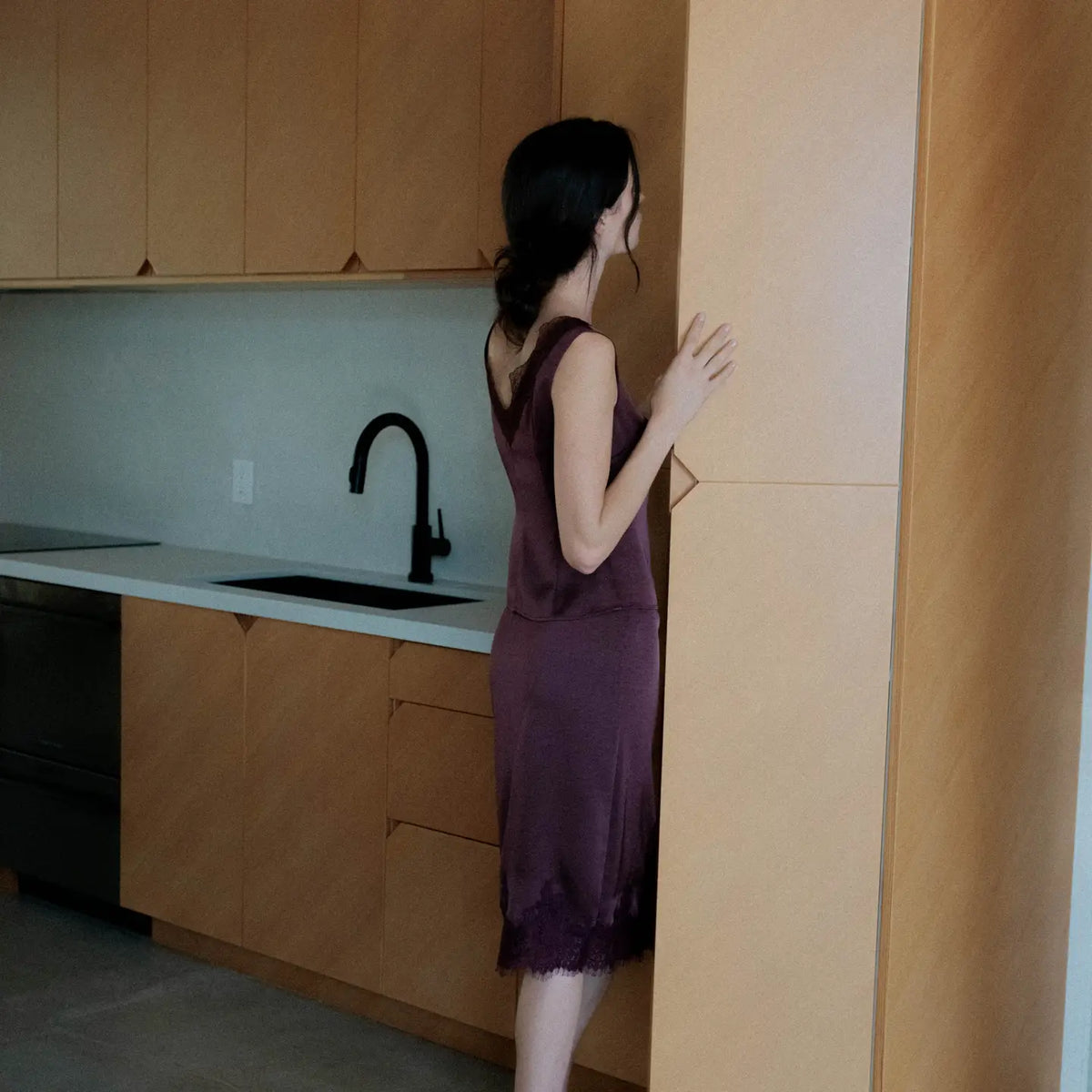 Lace Satin Knee Length Skirt - Plum