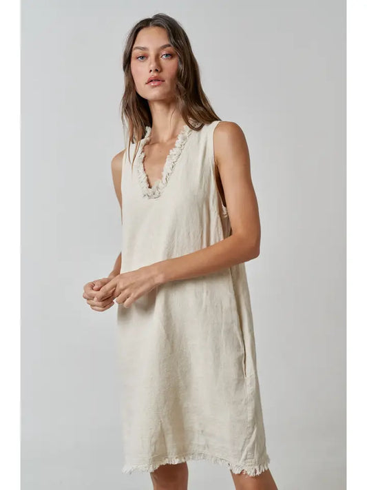Linen Frayed V-Neck Sleeveless Mini Dress - Oatmeal