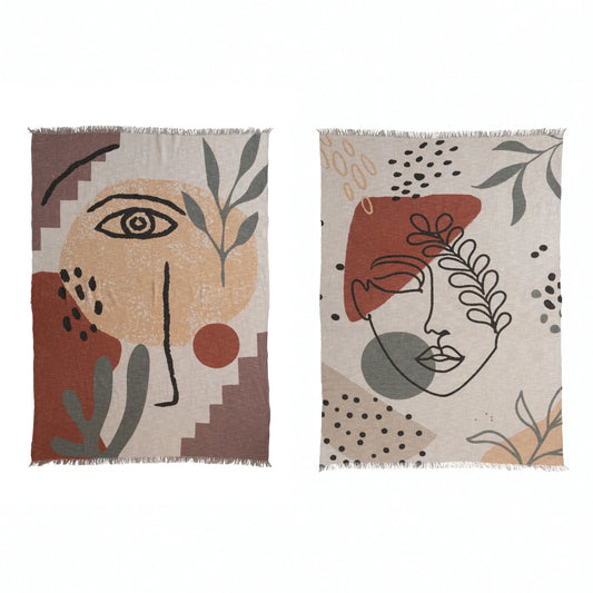 Bloomingville - Cotton Printed Throw Blanket - Abstract Face