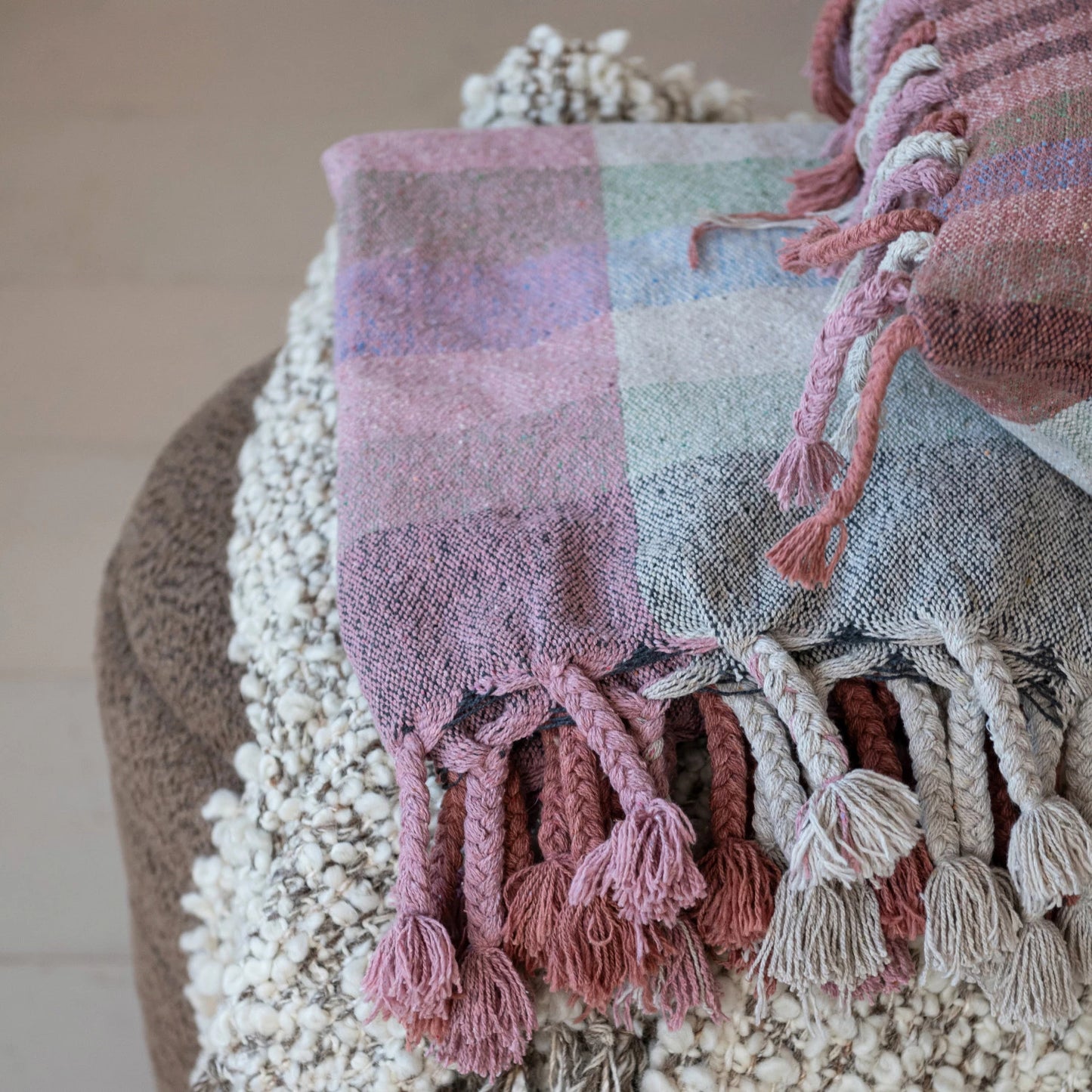 Woven Cotton Blend Throw Blanket with Braided Fringe