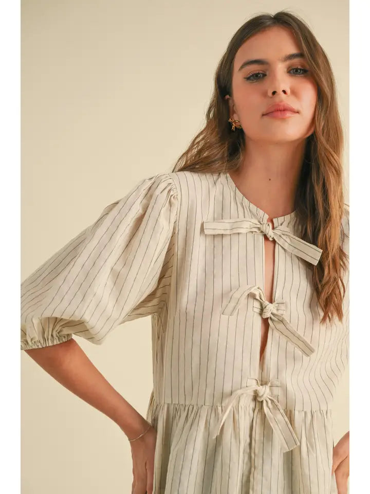 Striped Tie Front Blouse - Tan & Black