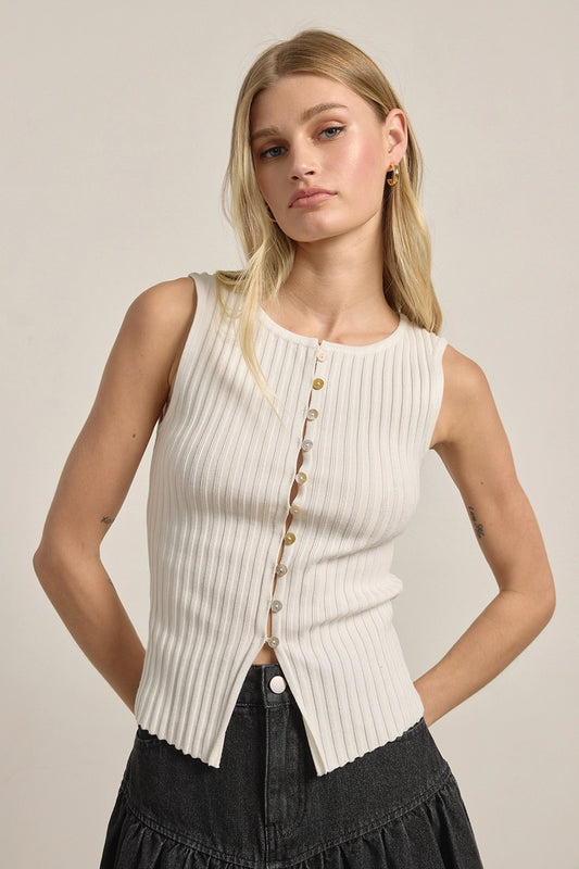 Slim Knit Sleeveless Button Top - White