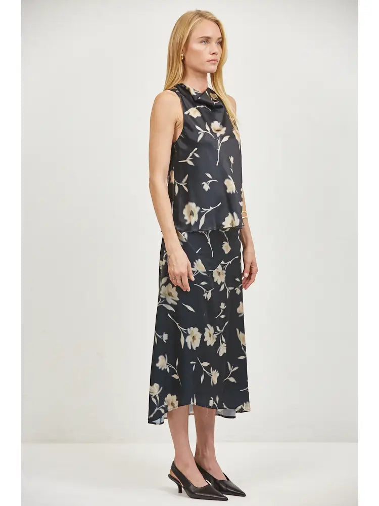 Woven Cowl Neck Sleeveless Top - Black Floral