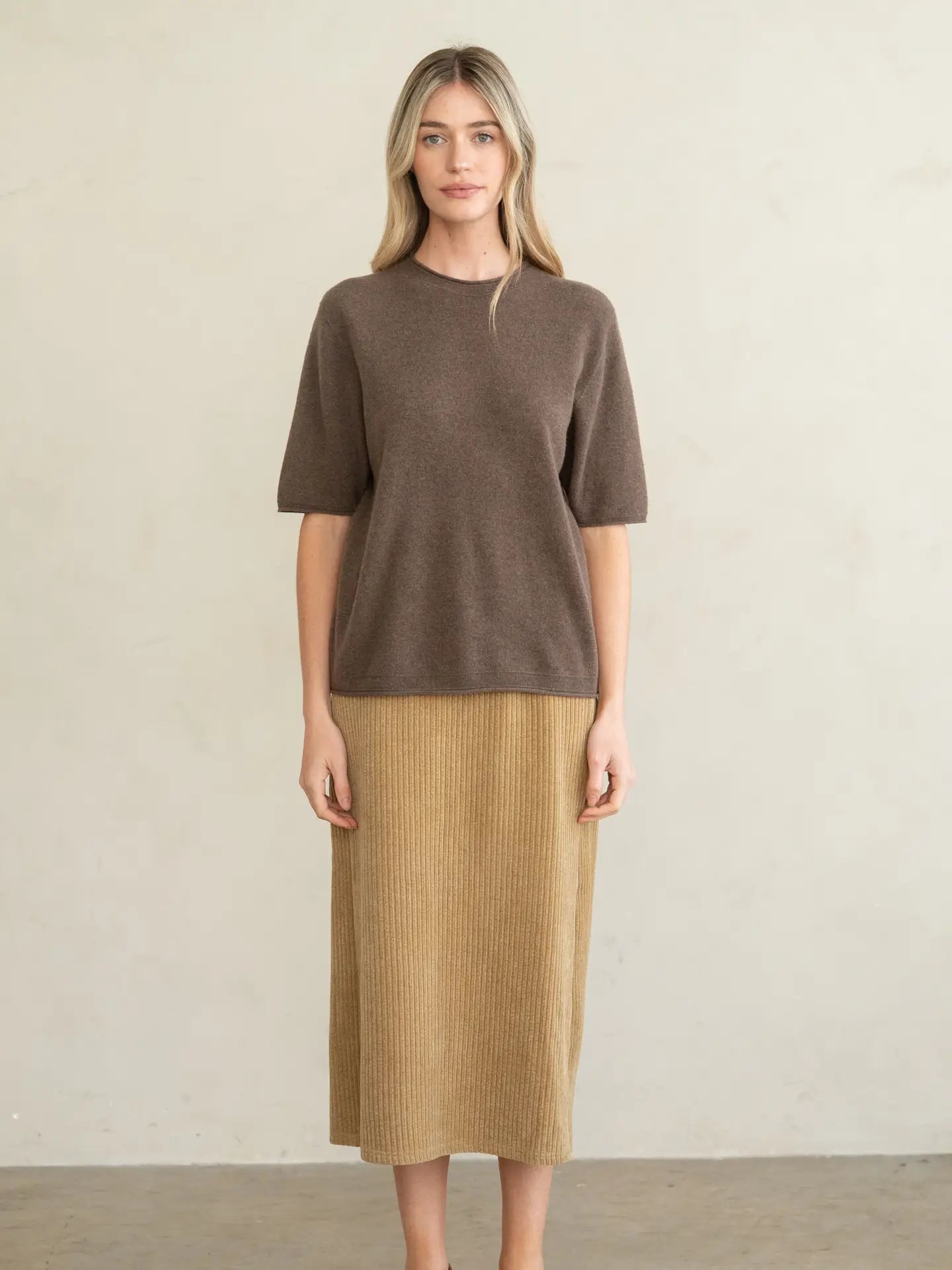 Raw Edge Fine Gauge Crew Knit Tee - Chocolate