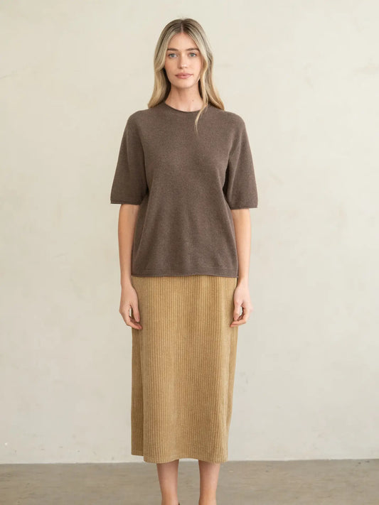 Raw Edge Fine Gauge Crew Knit Tee - Chocolate