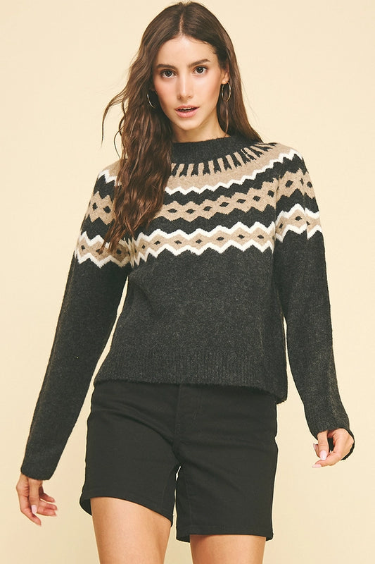 Vintage Geometric Pattern Sweater - Charcoal Multi