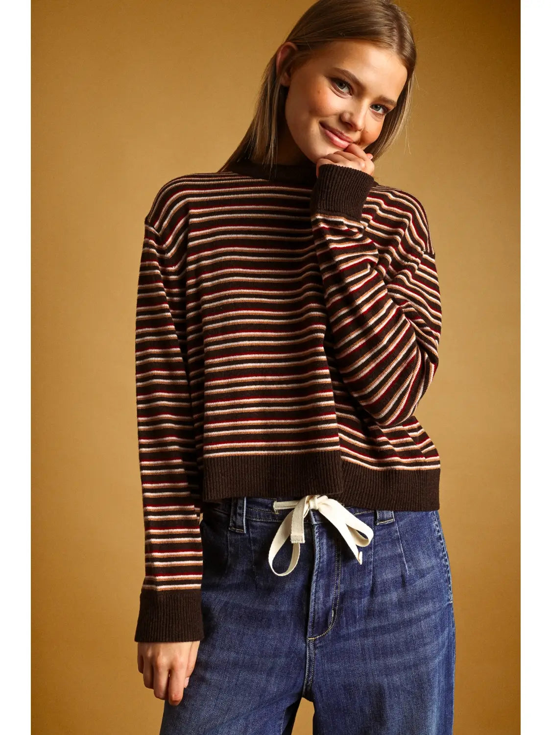Striped Round Neck Knit Top - Brown Multi
