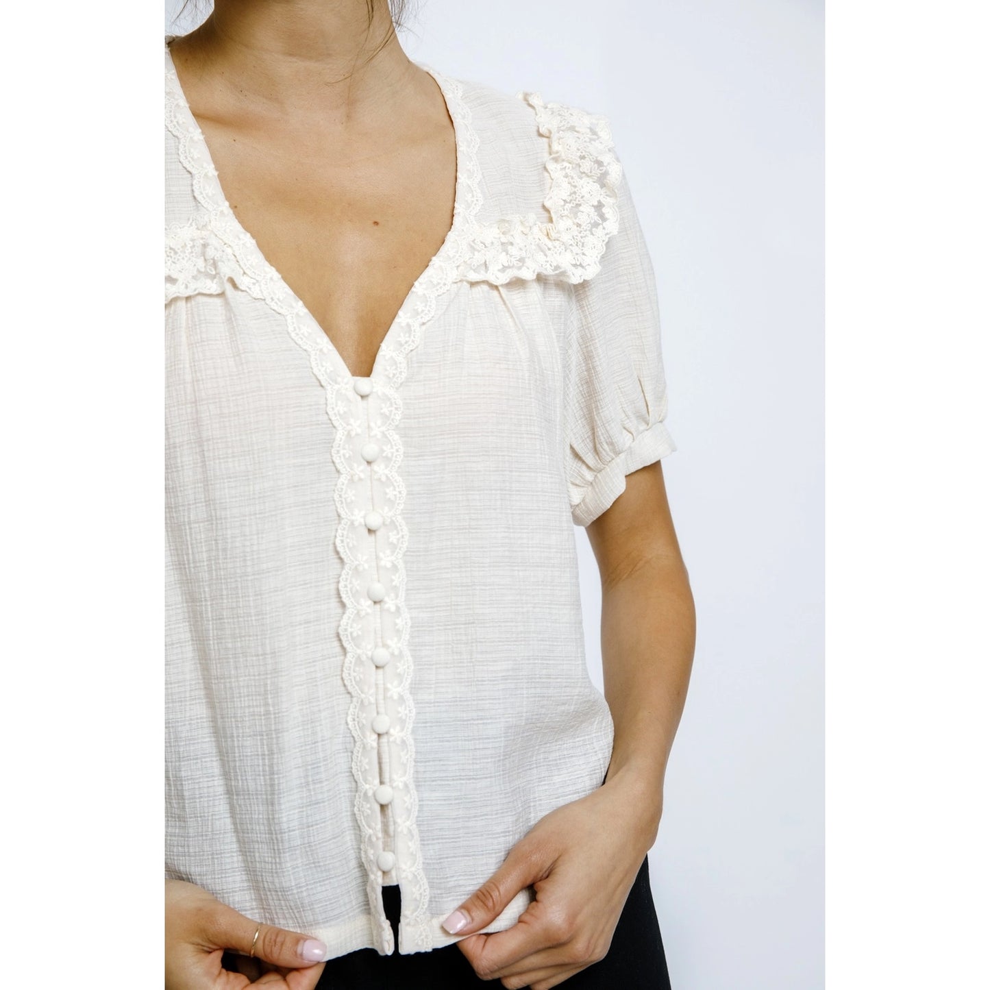 Cotton Crepe Peter Pan Lace Blouse - Cream