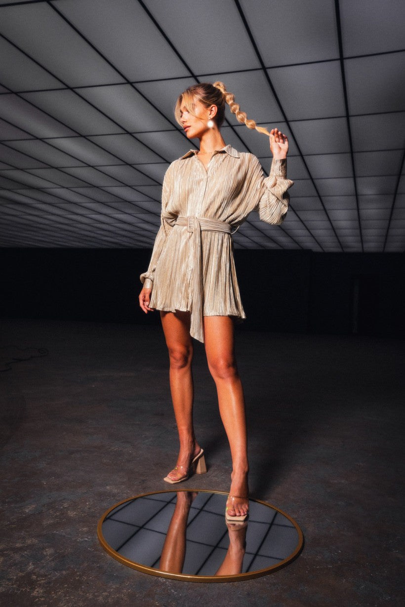 Women's Pleated Shirt Dress - Taupe