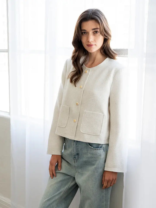 Crew Neck Tweed Jacket - Ivory