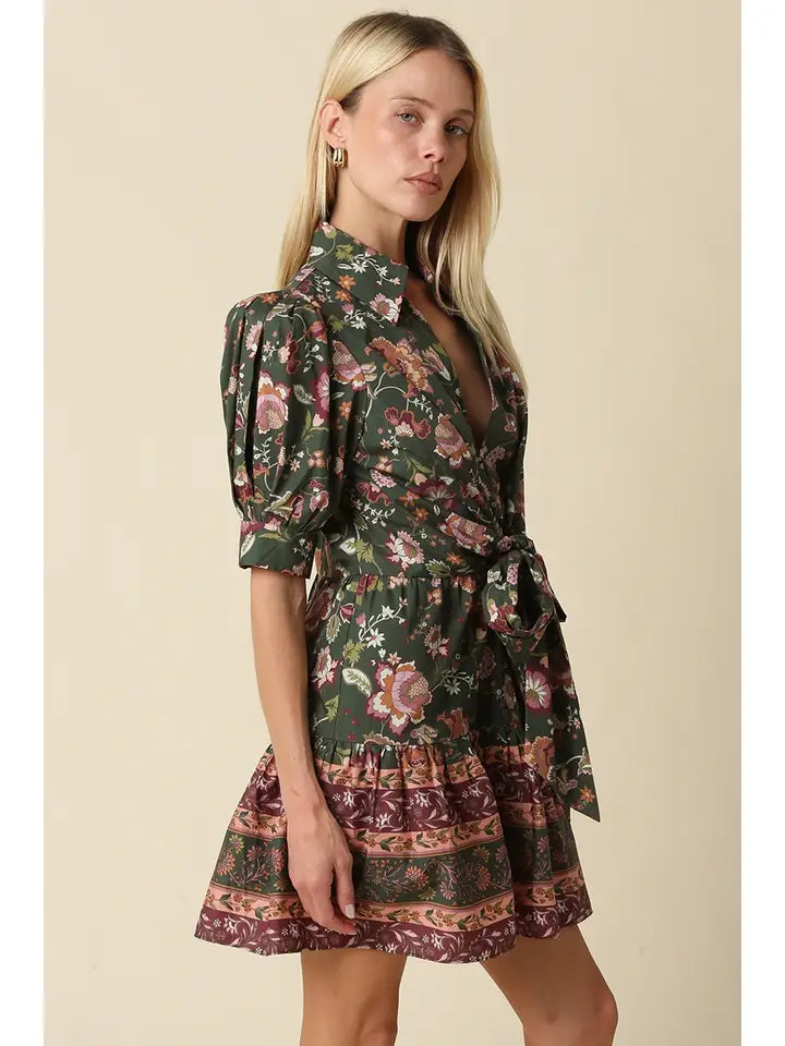 Floral Wrap Mini Dress - Green Mauve