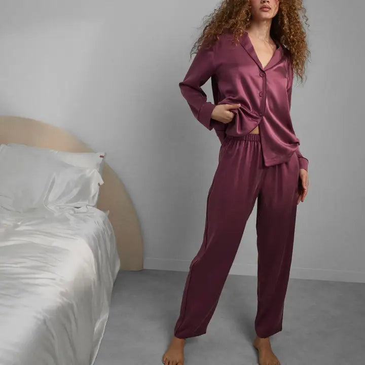 Lunya - Washable Silk Piped Long Sleeve Pant Set - Winter Rose/Calliope Wine