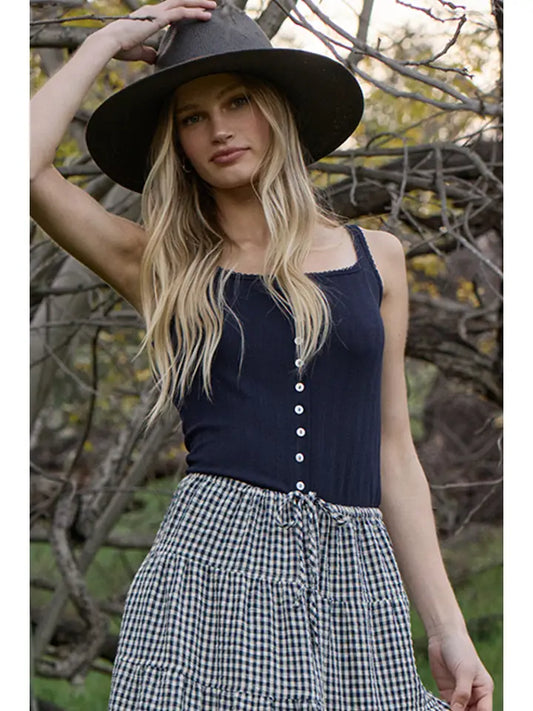Pointelle Ribbed Button Front Knit Cami - Navy