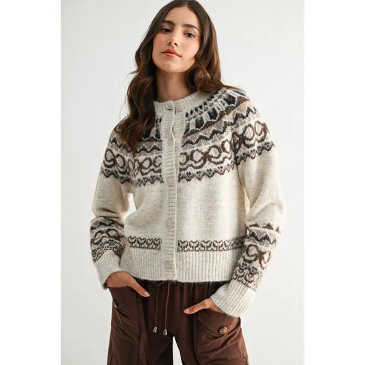 Nordic-Inspired Wool Blend Cardigan - Oatmeal/Brown