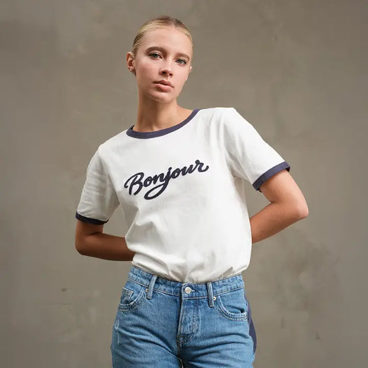 Bonjour Contrast Ringer Tee - White & Navy