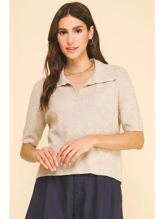 Ribbed Short Sleeve Polo Sweater - Oatmeal