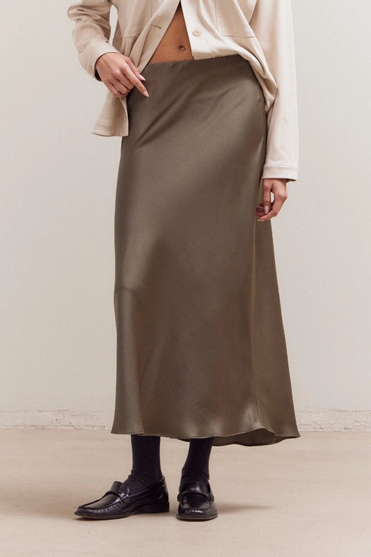 Grade + Gather - Flared Satin Maxi Skirt - Martini Olive