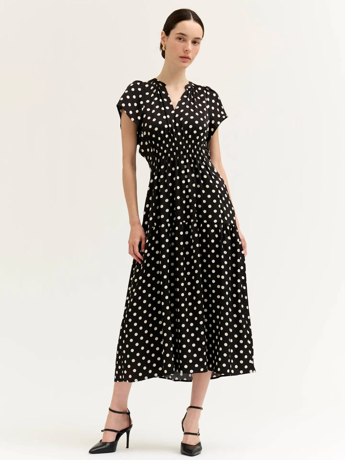 Grade + Gather - Ruffle Satin Midi Dress - Black + White