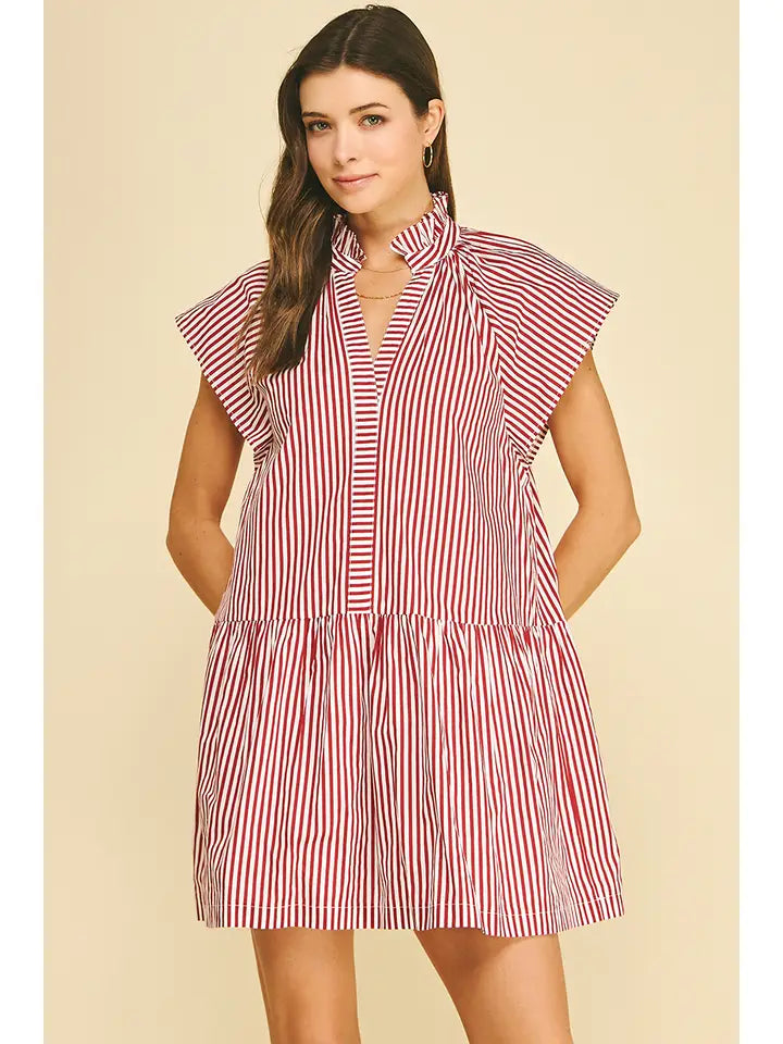 Ruffle Tunic Mini Dress - Red Stripe