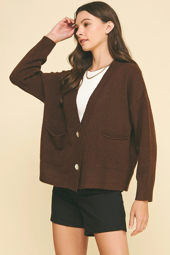 V-Neck Cardigan with Pockets - Chocolate