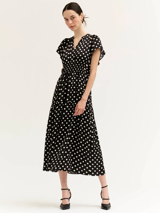 Grade + Gather - Ruffle Satin Midi Dress - Black + White