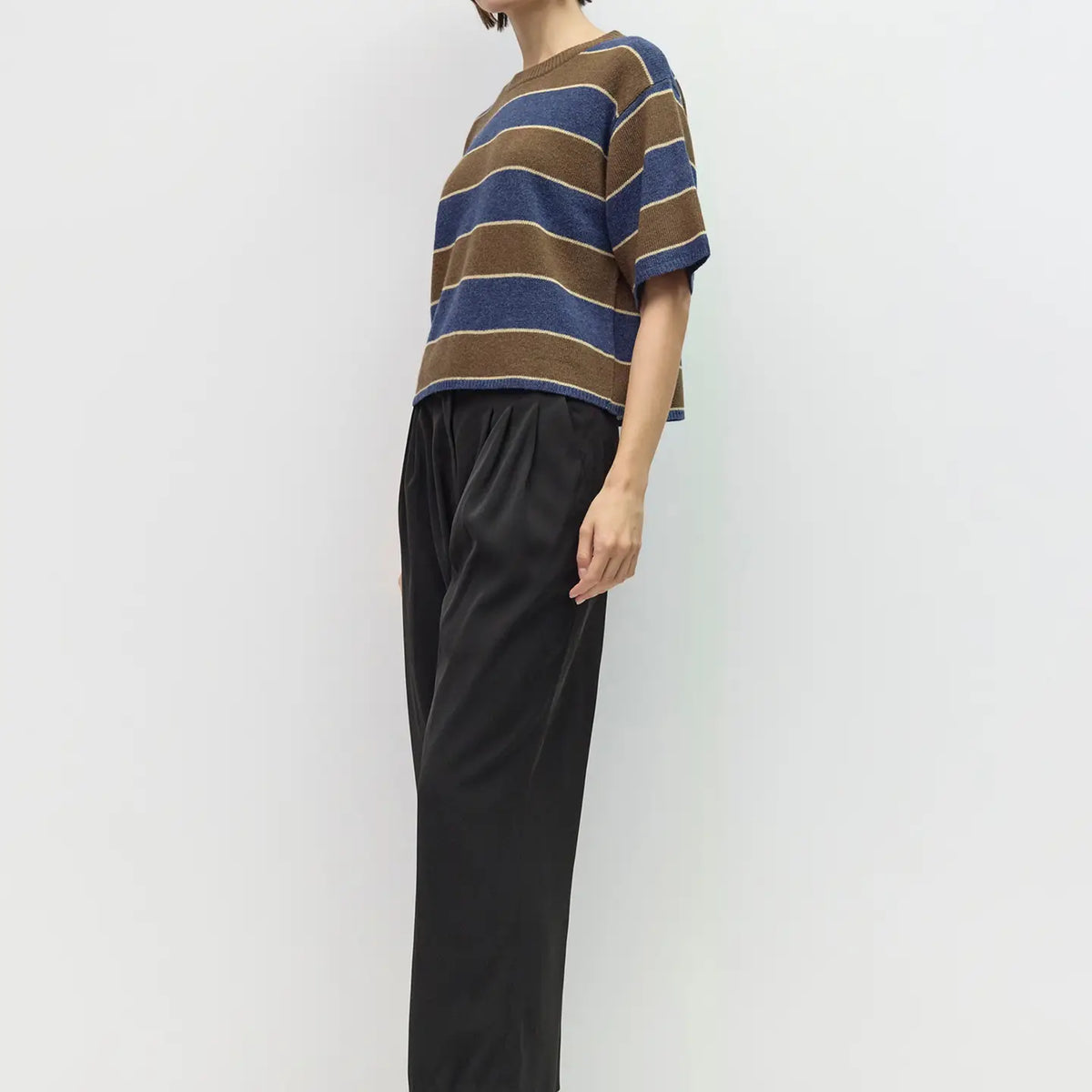 Striped Elbow Sleeve Sweater - Brown, Navy  & Beige