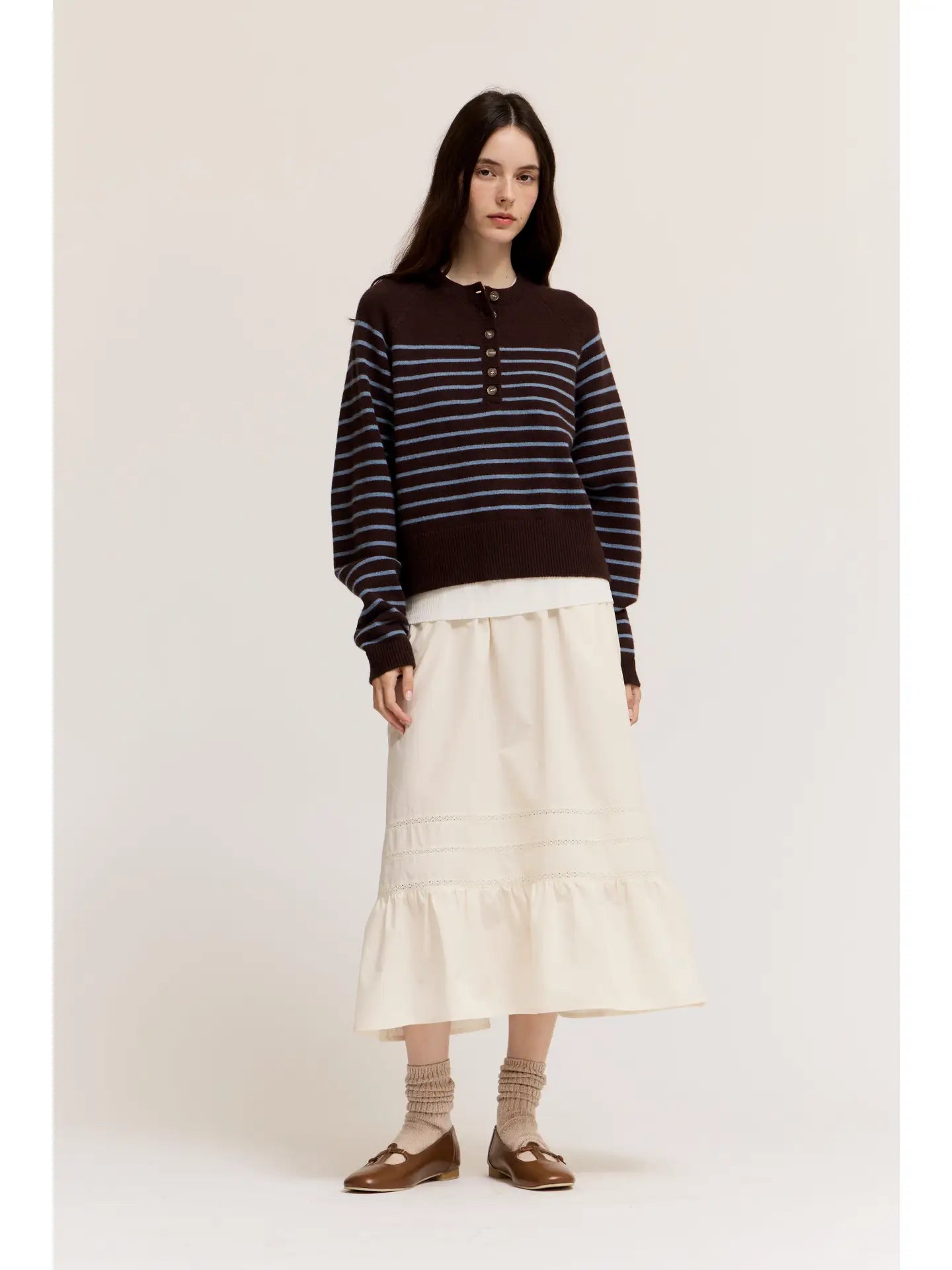 Grade + Gather - Knit Stripe Henley - Chocolate + Blue
