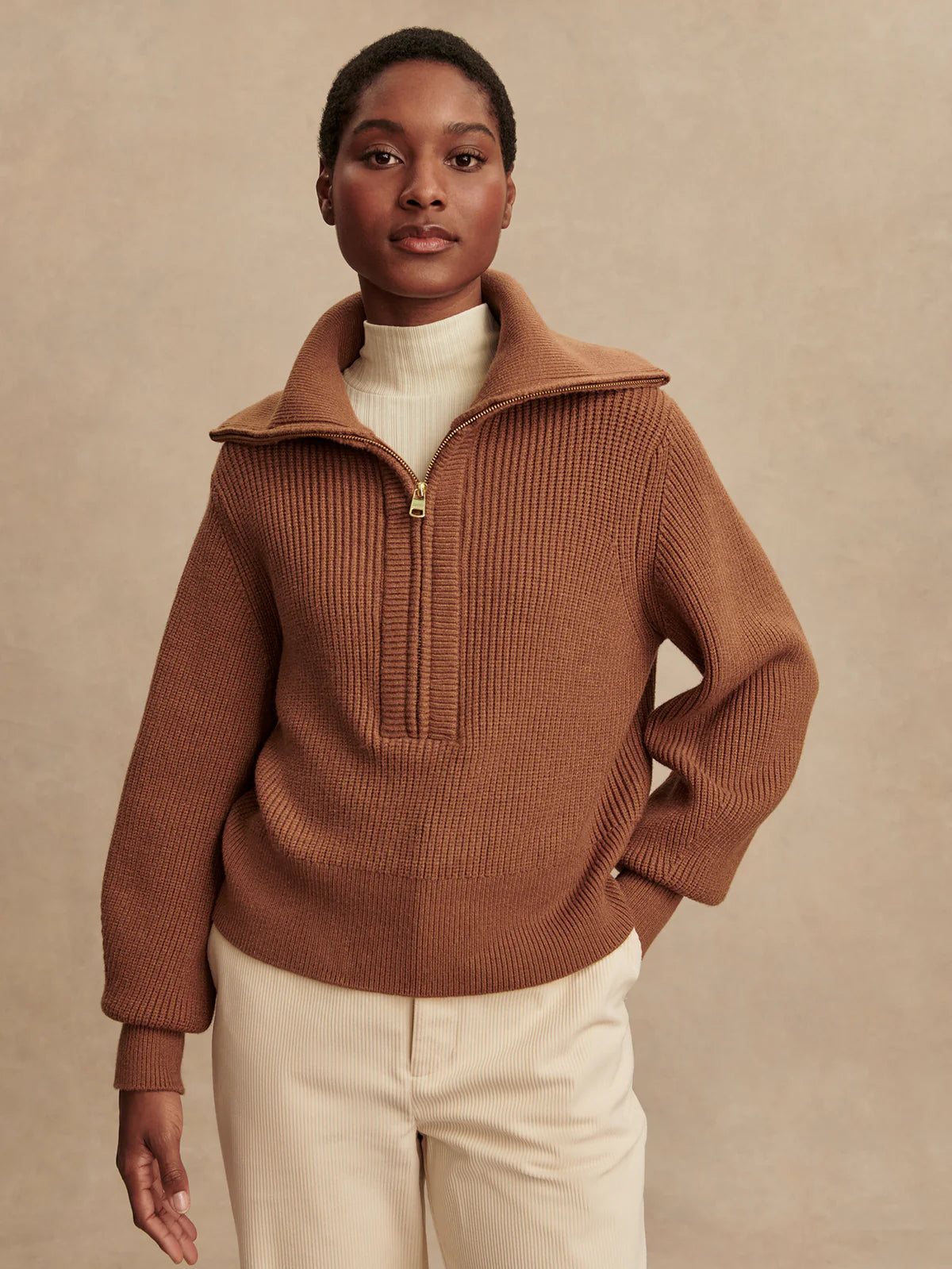 Varley - Maura Half Zip Rib Knit - Caramel Pecan
