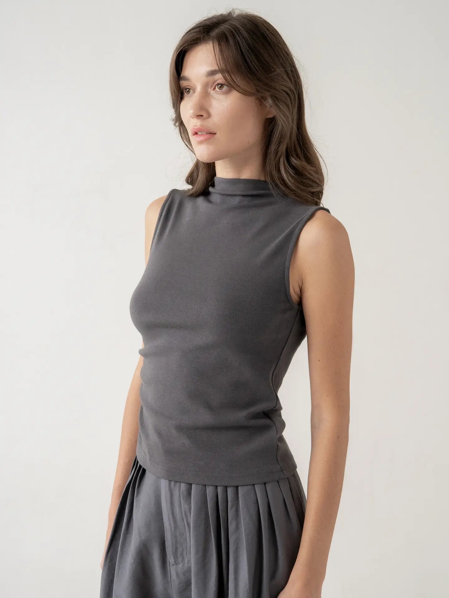 Mock Neck Sleeveless Knit Top - Charcoal