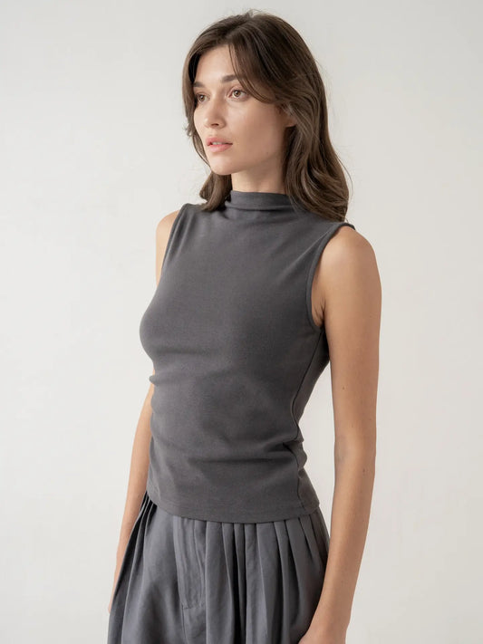 Mock Neck Sleeveless Knit Top - Charcoal