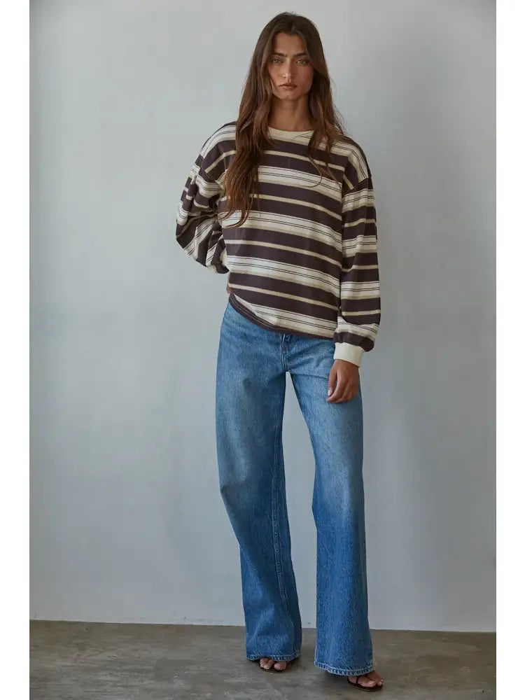 Knit Cotton Multi Stripe Long Sleeve Top - Cream & Brown