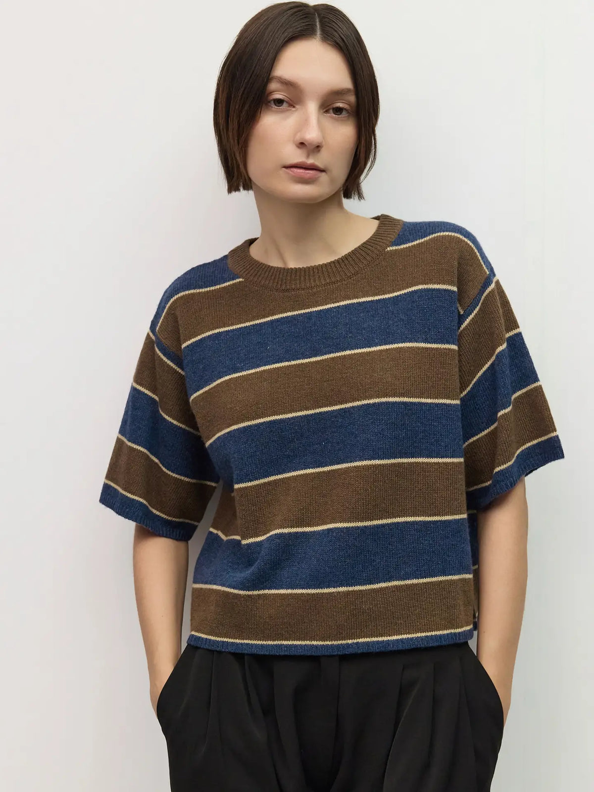 Striped Elbow Sleeve Sweater - Brown, Navy  & Beige