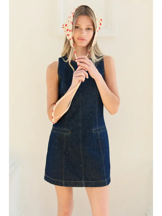 Sleeveless Denim A-Line Mini Dress - Dark Denim