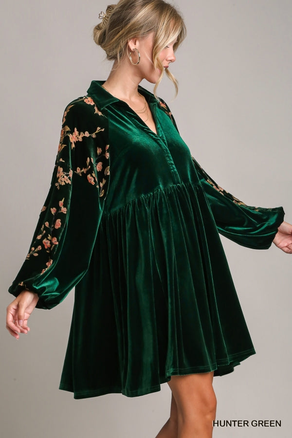 Velvet Burnout + Contrast Baby Doll  Dress - Hunter Green