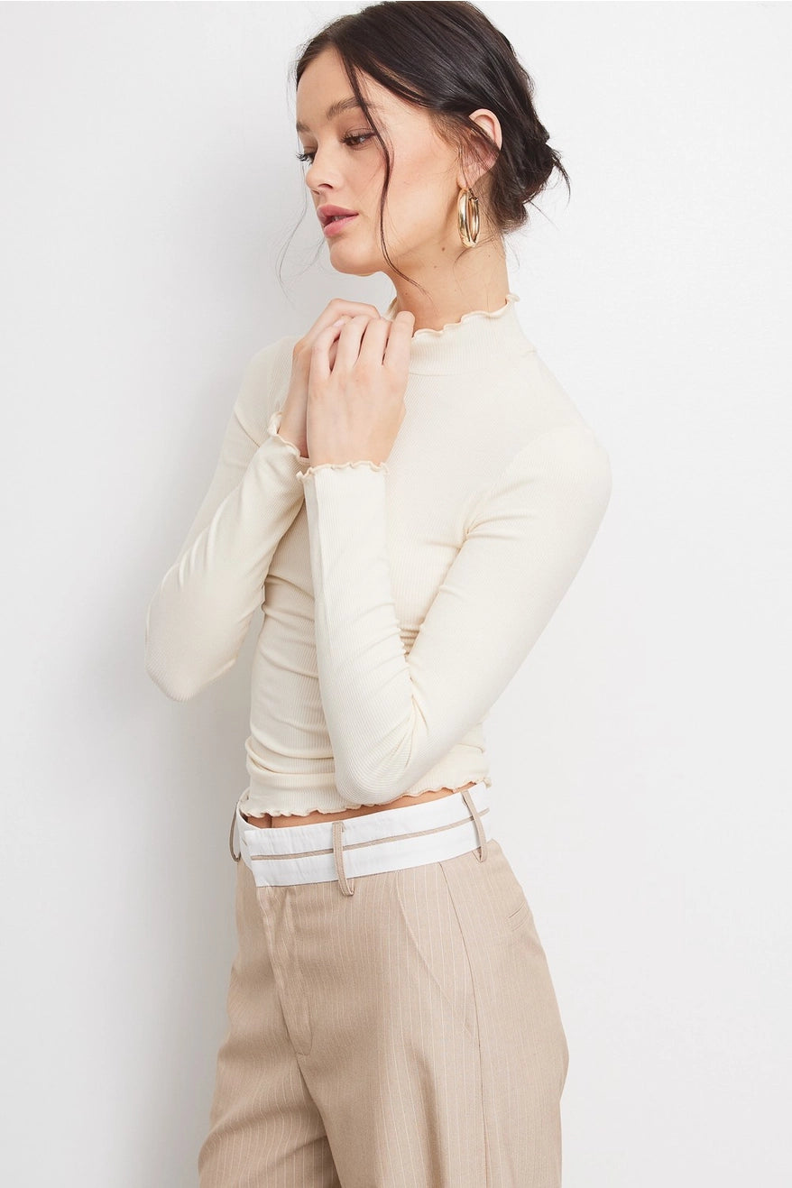 Lettuce Trim Detail Basic Soft Ribbed Top - Cream