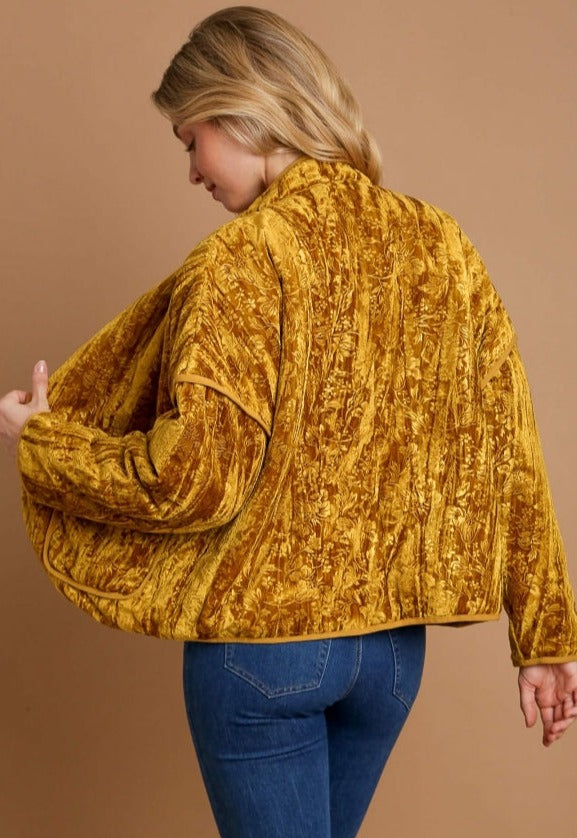 Velvet Open Front Jacket - Mustard