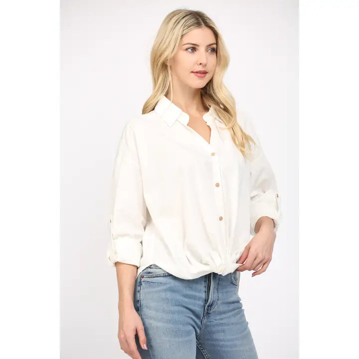 Knotted Front Detail Button Down Shirt - Off White