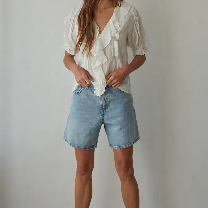 Woven Cotton V-Neck Blouse - Off White