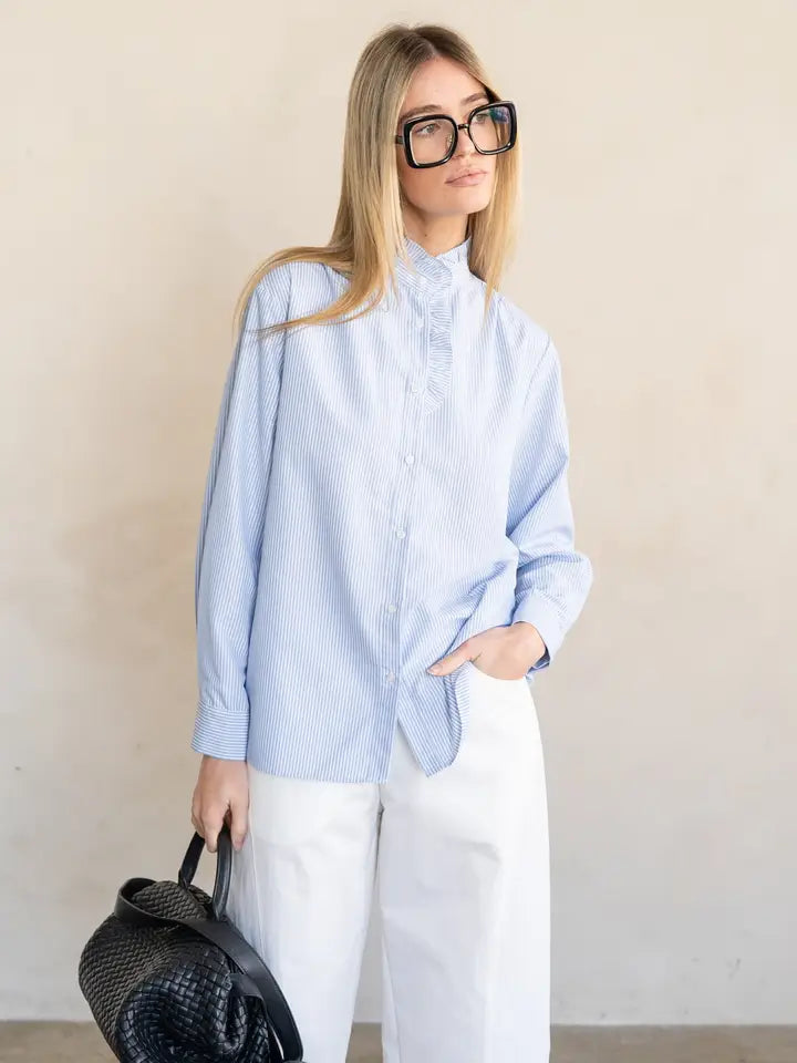 Ruffle Neck Blouse - Light Blue Stripe