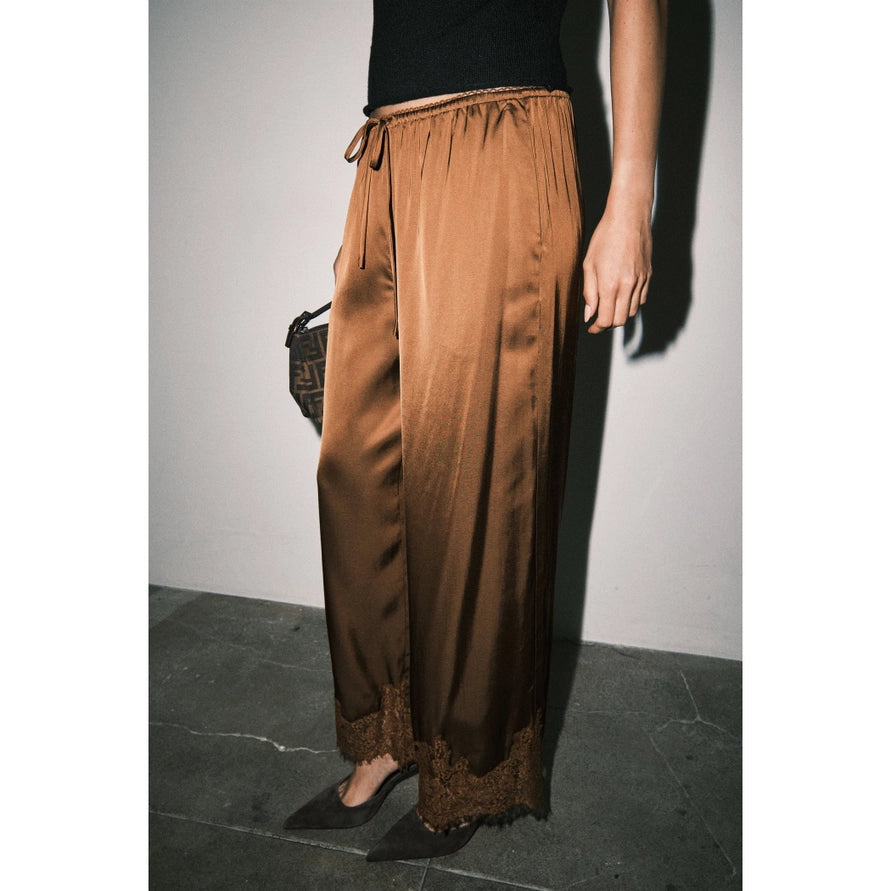 Satin Lace Hem Wide Leg Pant - Brown